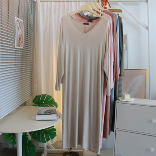 慵懒风薄款V领莫代尔连衣裙长裙子宽松大码松弛感家居服懒人睡裙