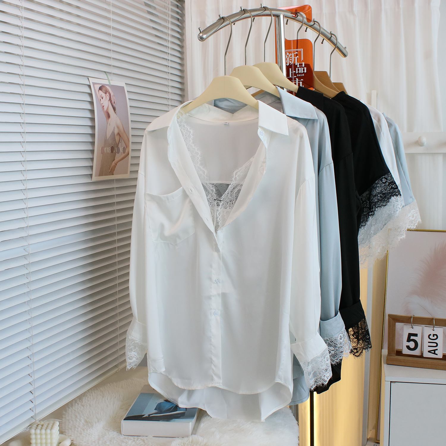 蕾丝花边雪纺衬衫宽松家居服睡衣