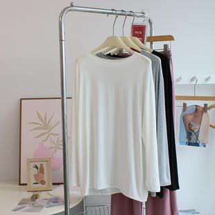 柔软亲肤显瘦莫代尔长袖T恤女宽松圆领打底衫上衣中长款居家睡衣