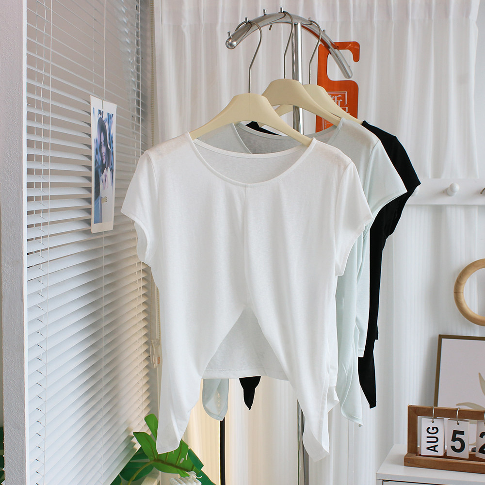 设计感~轻薄开叉正肩短袖T恤女夏宽松莱赛尔面膜T舞蹈服瑜伽上衣