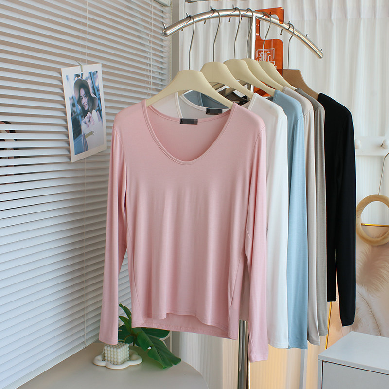 高级感~柔软莫代尔长袖t恤女薄款百搭面膜Tee打底衫修身纯欲上衣