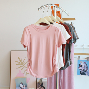 这件太显瘦啦！设计感褶皱收腰正肩短袖T恤女夏修身运动瑜伽上衣