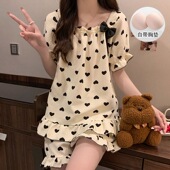 薄款 加肥加大睡衣女薄款 带胸垫可外穿夏季 短裤 200斤家居服女 短袖