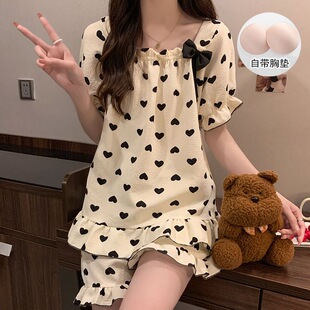 薄款 加肥加大睡衣女薄款 带胸垫可外穿夏季 短裤 200斤家居服女 短袖