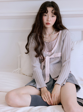 今日艺术家原创灰粉色学院风假两件格纹拼接针织衫上衣