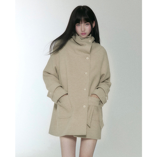 今日艺术家原创杏燕麦色复古知识分子蝴蝶结高领羊毛呢子外套大衣