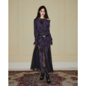 今日艺术家原创深紫色拼接黑纱荡领连衣裙 1110