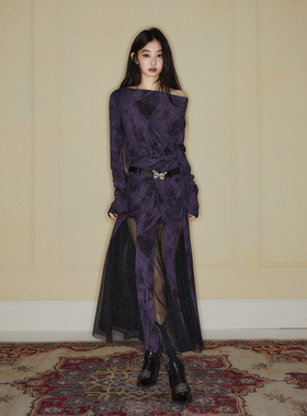【1110 20:00】今日艺术家原创深紫色拼接黑纱荡领连衣裙