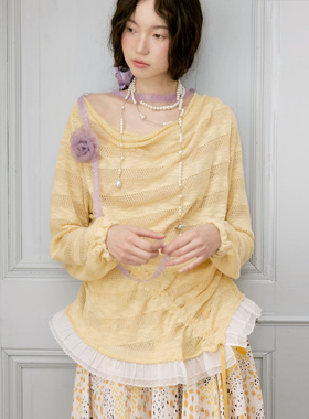 今日艺术家原创2025春夏淡黄色宽松荡领抽褶长袖针织衫防晒衫上衣