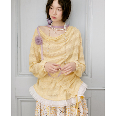 今日艺术家原创2025春夏淡黄色宽松荡领抽褶长袖针织衫防晒衫上衣