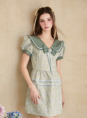 【0413 20:00】今日艺术家原创绿色娃娃领提花连衣裙