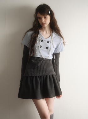 今日艺术家原创蓝灰色假两件海军领复古学院风针织衫上衣