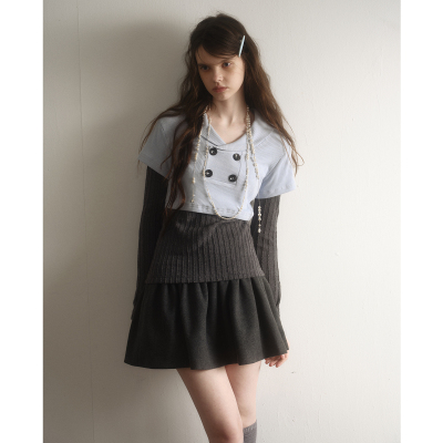 今日艺术家原创蓝灰色假两件海军领复古学院风针织衫上衣