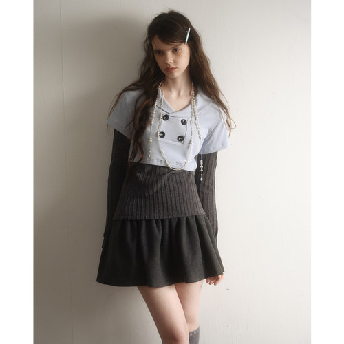 今日艺术家原创蓝灰色假两件海军领复古学院风针织衫上衣