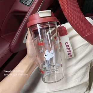 水杯女生高颜值吸管杯便携式 小红书樱桃小狗夏季 可爱学生塑料