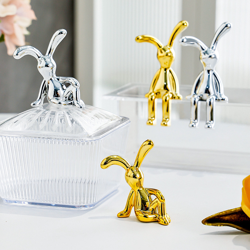 现代轻奢摆件电视柜房间装饰物创意网红卡通坐姿银色兔子小摆件