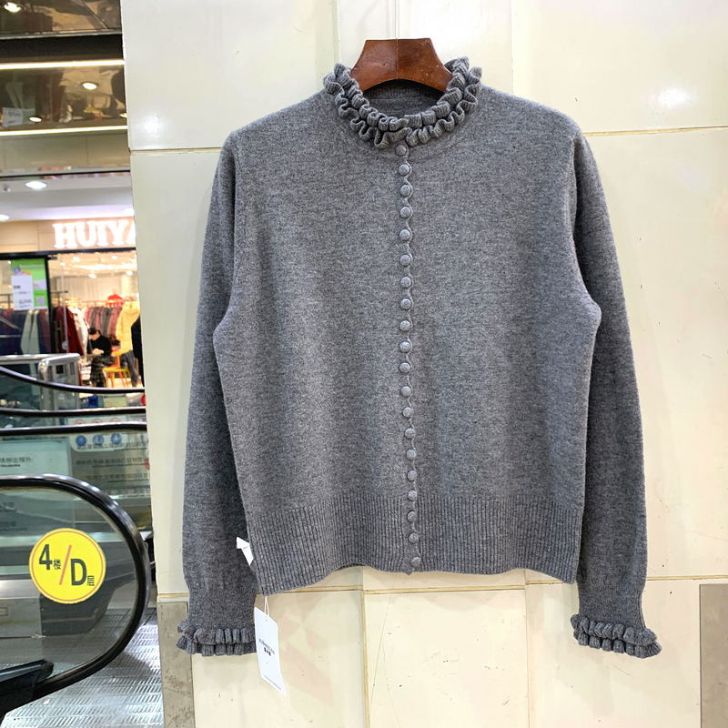 012-3065欧洲站冬2025时尚气质木耳花边半高领单排多扣羊绒羊毛衫