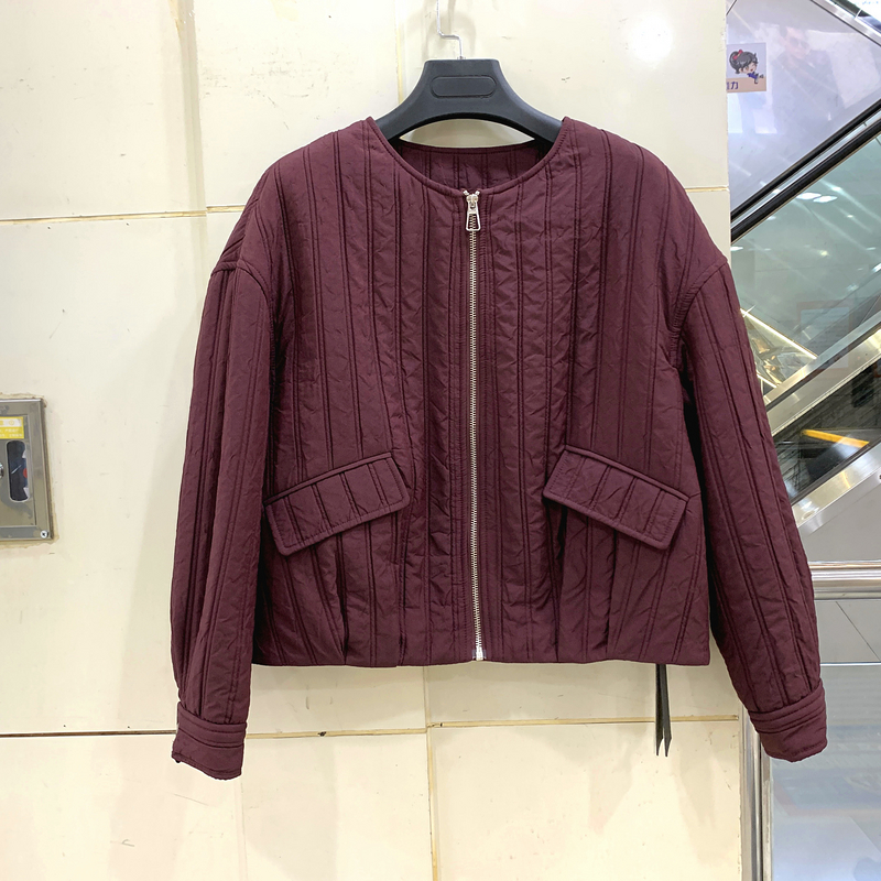 255D005 时尚拉链圆领竖条纹休闲宽松减龄短装棉衣外套秋冬正品