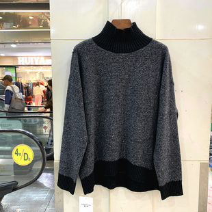 2025撞色拼接立领休闲宽松亮片遮臀羊绒羊毛衫 25626欧洲站冬季