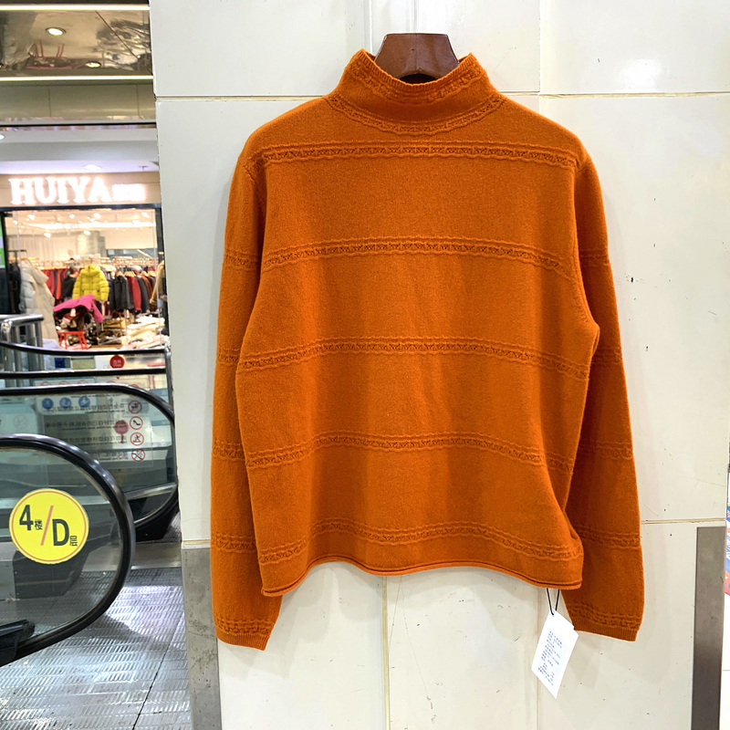 363-8876 时尚镂空花横条纹半高领休闲羊毛针织衫毛衣打底冬装女