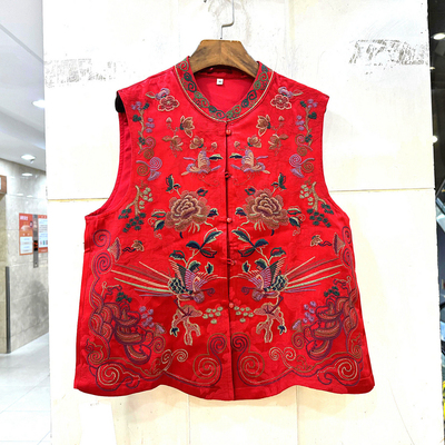 239 欧洲站春装2026款民族风重工凤凰刺绣花桑蚕丝缎国风马甲外套