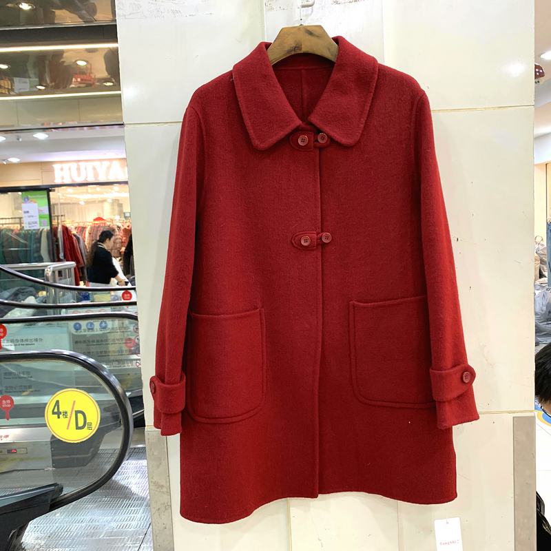 糖诗8619 时尚翻领双排四粒扣大口袋休闲小个中长双面羊毛呢大衣