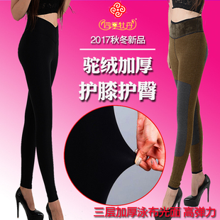 光面外穿三层加厚棉裤 女高腰护膝打底裤 3Y0009 牡丹驼绒保暖裤 四季