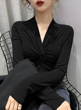women V neck bottoming shirt black sexy slim knotted shirts