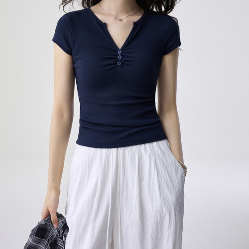 New solid color slim V-neck button women summer T-shirt top