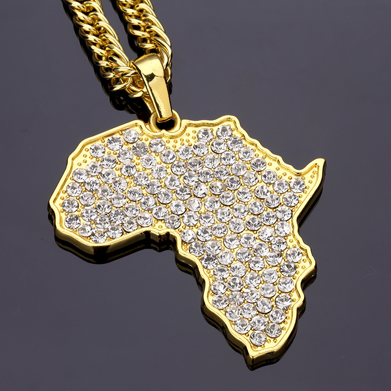 2024Africa map chain gold necklace diamond hiphop night club