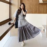 韩版灰色松弛慵懒风套装女2025夏季新款网纱拼接短袖半身裙两件套，女装套装/套裙，浙宝206A（原202）