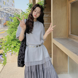 韩版灰色松弛慵懒风套装女2025夏季新款网纱拼接短袖半身裙两件套，女装套装/套裙，浙宝206A（原202）