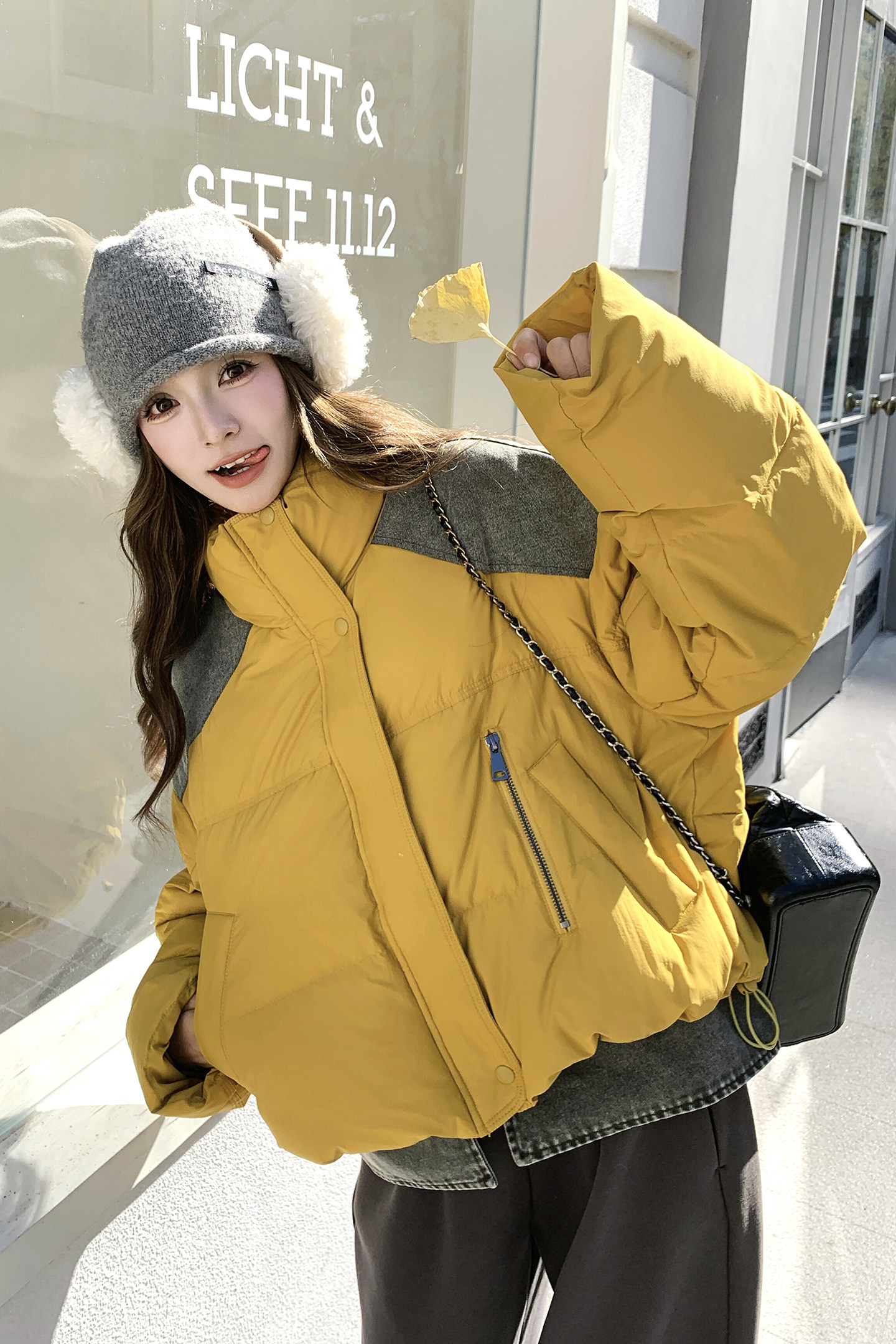 韩系黄色设计感牛仔拼接羽绒服女冬超火好看高级小众保暖加厚外套,女装羽绒服,2B196