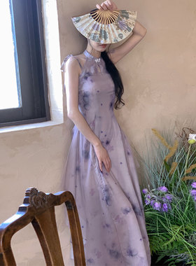 夏季新中式网纱拼接修身显瘦紫色吊带印花改良款旗袍长裙连衣裙女