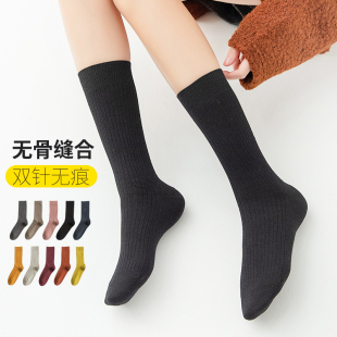 日系春秋纯棉袜子女中筒袜防臭吸汗长袜秋冬小腿袜黑色松口长筒袜