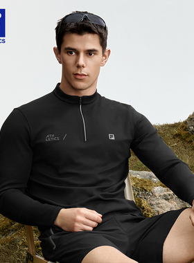 FILA 斐乐官方长袖T恤男秋季新款健身运动半拉链长袖上衣黑色