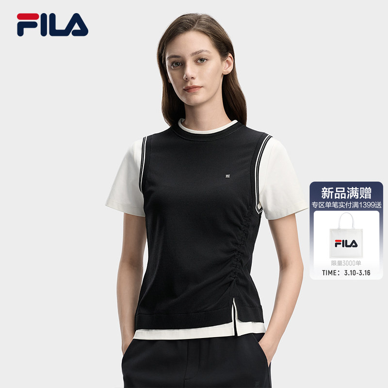 FILA斐乐女子针织短袖衫2026春新款时尚休闲设计感假两件背心T恤