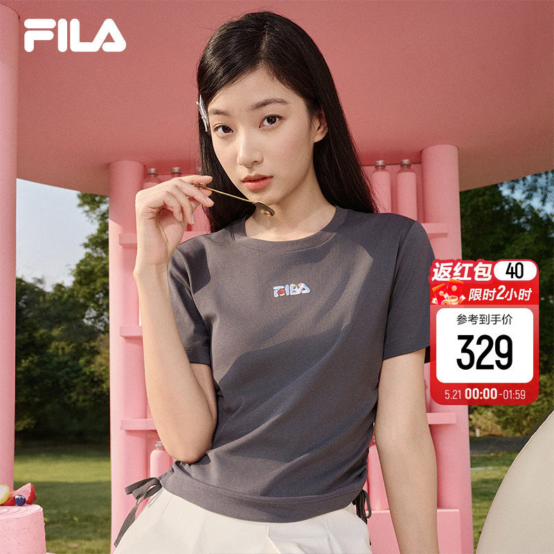 FILA斐乐双侧抽绳女子短袖T恤2026夏季新款休闲运动刺绣修身