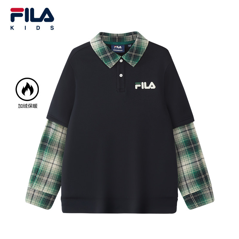 FILA KIDS斐乐童装男大童卫衣2026春季新款儿童加绒翻领套头上衣
