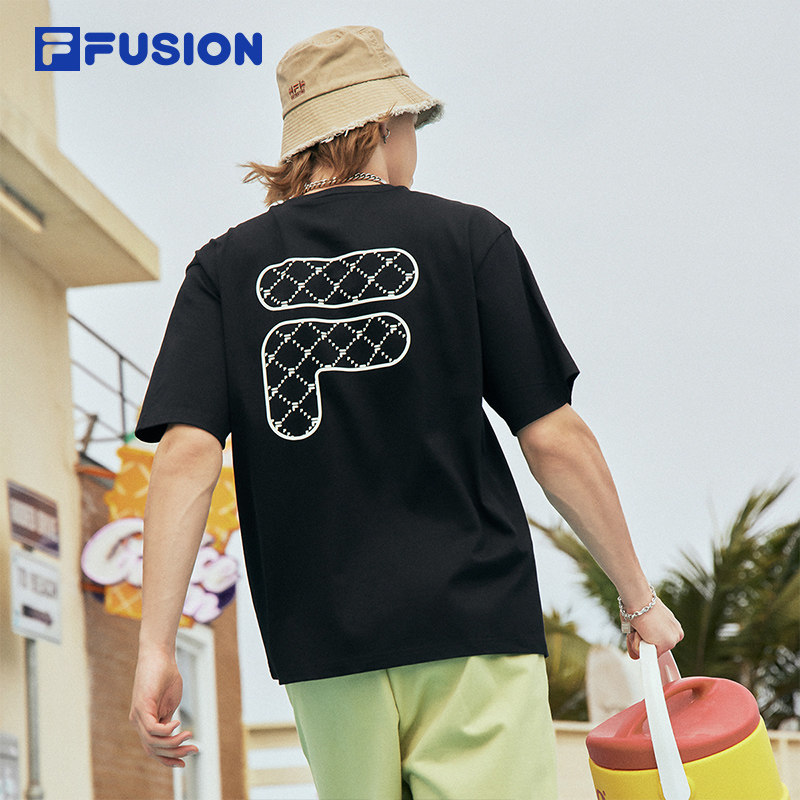 FILA FUSION斐乐情侣运动T恤夏季老花纯棉宽松运动短袖上衣男女