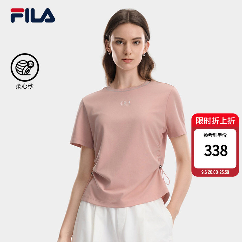 FILA斐乐针织圆领短袖26秋季新款女士正肩抽绳收腰修身休闲风T恤