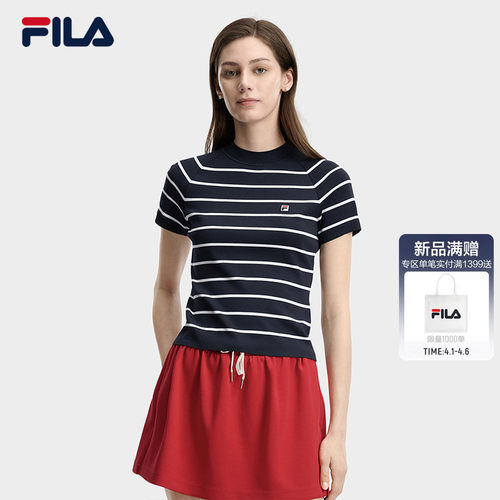 FILA斐乐官方条纹运动短袖编织衫