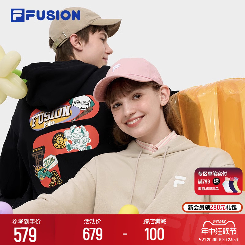 FILA FUSION斐乐潮牌情侣款连帽卫衣男2024秋新款宽松休闲女上衣