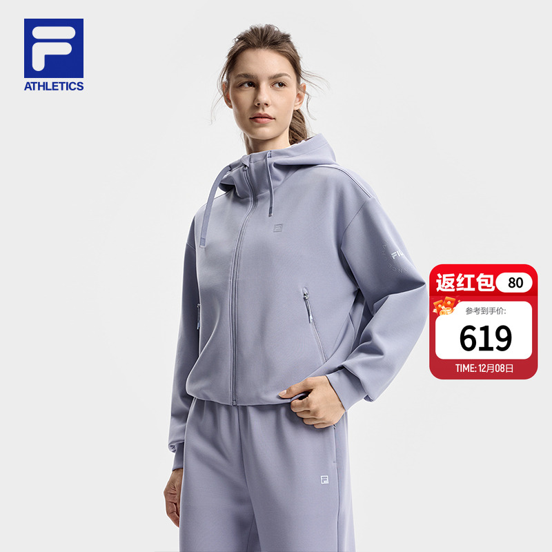 FILA 斐乐官方女士针织连帽外套2025冬新款健身运动简约宽松上衣