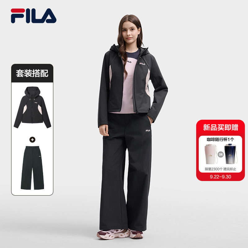 FILA斐乐运动套装26冬季新款女士连帽外套保暖上衣梭织防泼水裤子