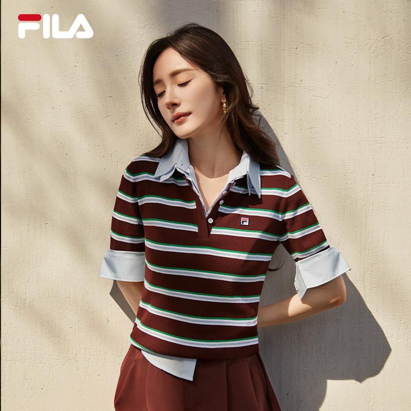 杨幂同款FILA斐乐官方女编织衫26新款时尚修身条纹POLO短袖T上衣