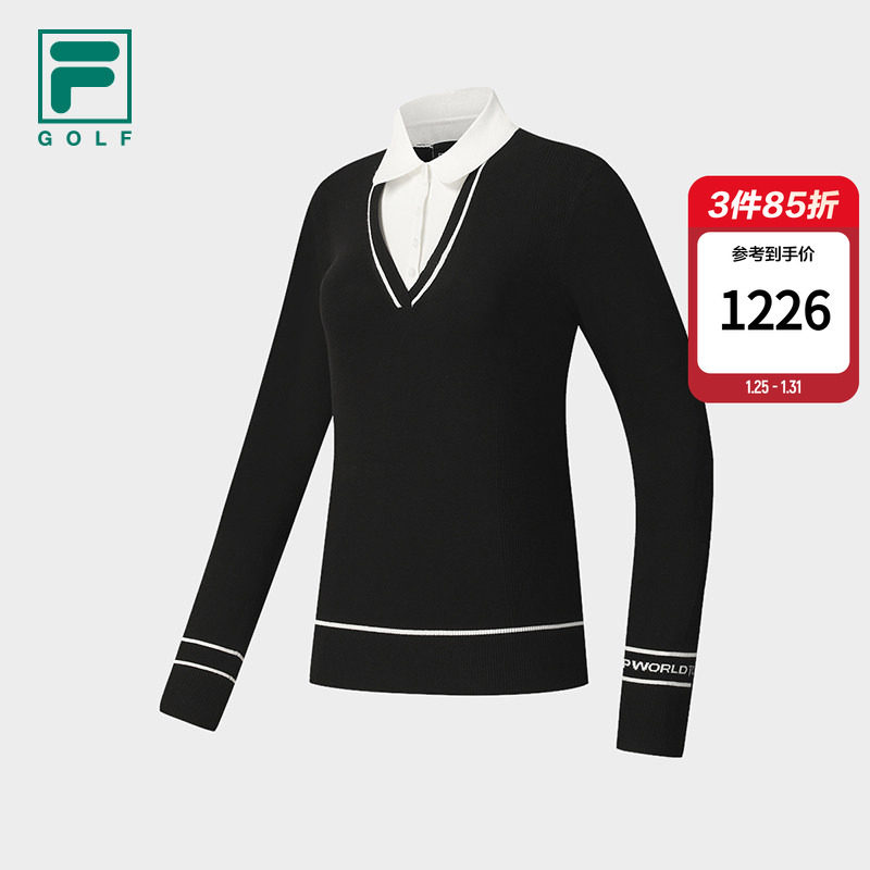 FILA斐乐官方女长袖编织衫上衣冬季新款高尔夫运动假两件套头毛衣