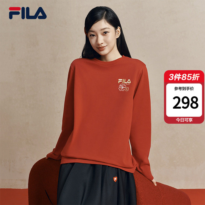 马上起飞FILA斐乐男女长袖T恤2026春新款情侣海棠花红色新年