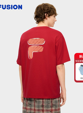 章昊同款FILA FUSION斐乐潮牌情侣款短袖2026春新年款宽松红色T恤