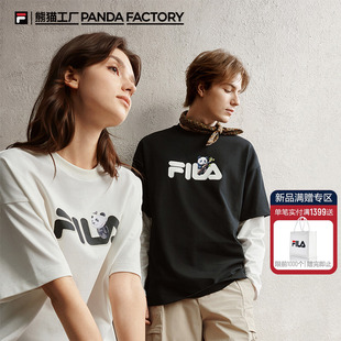 T恤情侣2025秋新半袖 FILA斐乐熊猫刺绣短袖 宽松纯棉上衣女运动男